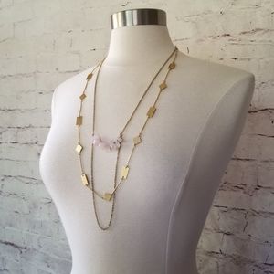 Rose Quartz Stones and Gold Cutout Shapes Layered Double Strand Chain Necklace